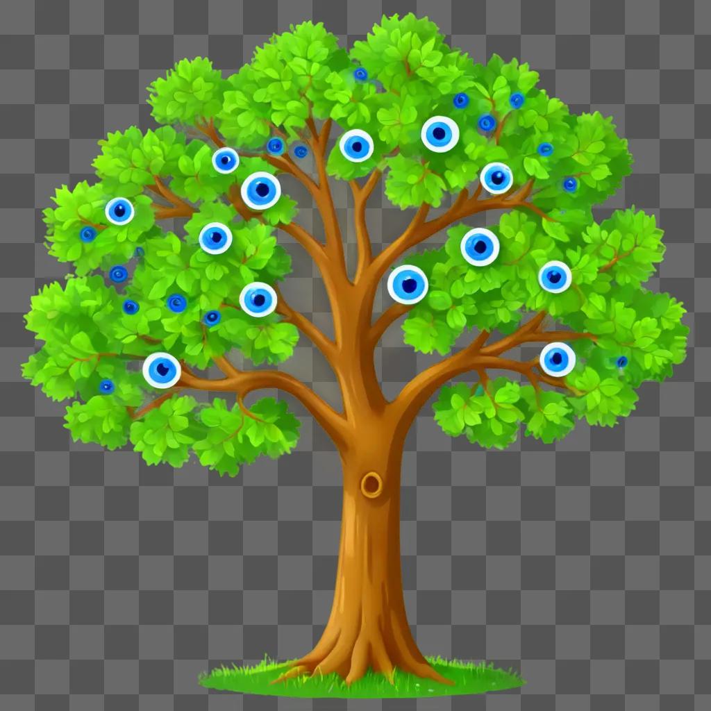 cartoon tree drawing A tree with blue eyes in a green field