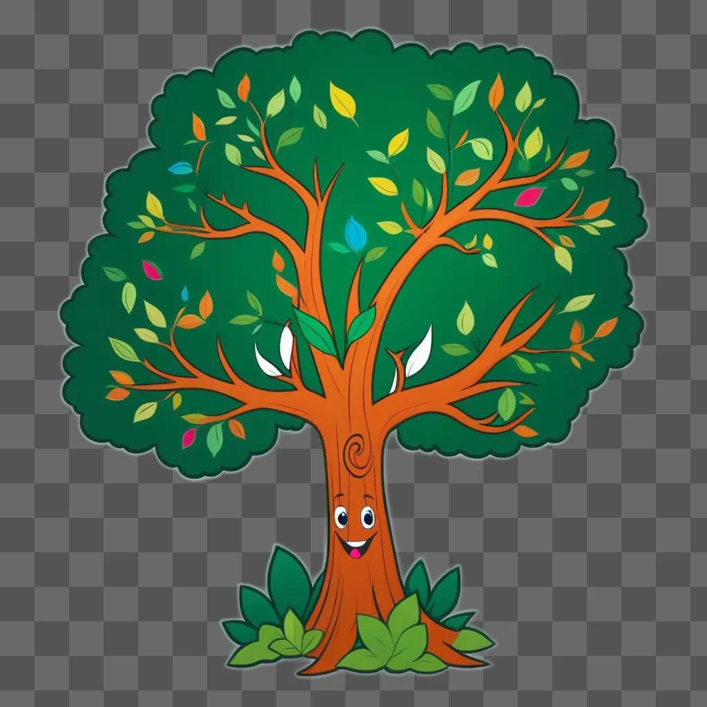 cartoon tree with a smiling face and leaves