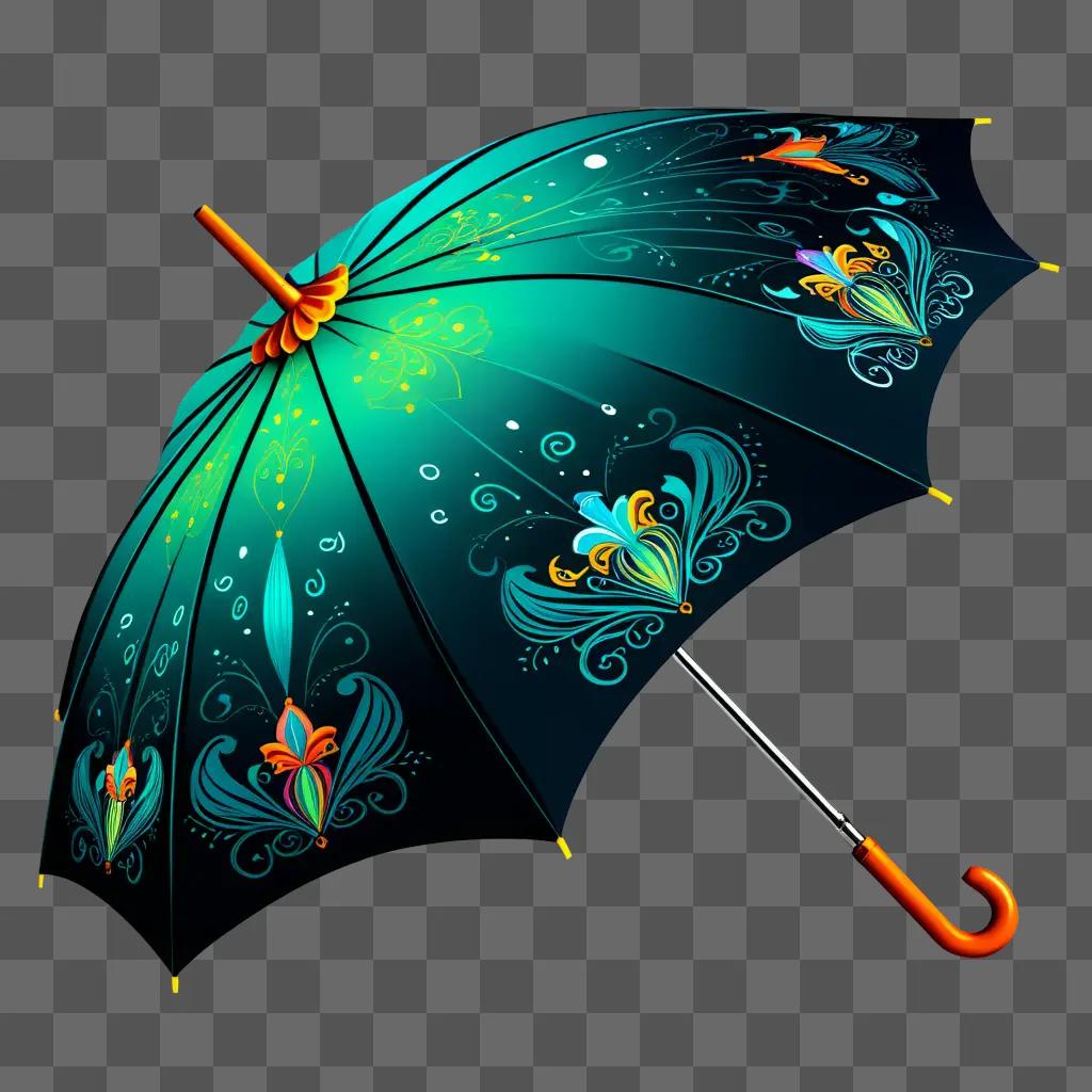 cartoon umbrella with colorful designs on a green background