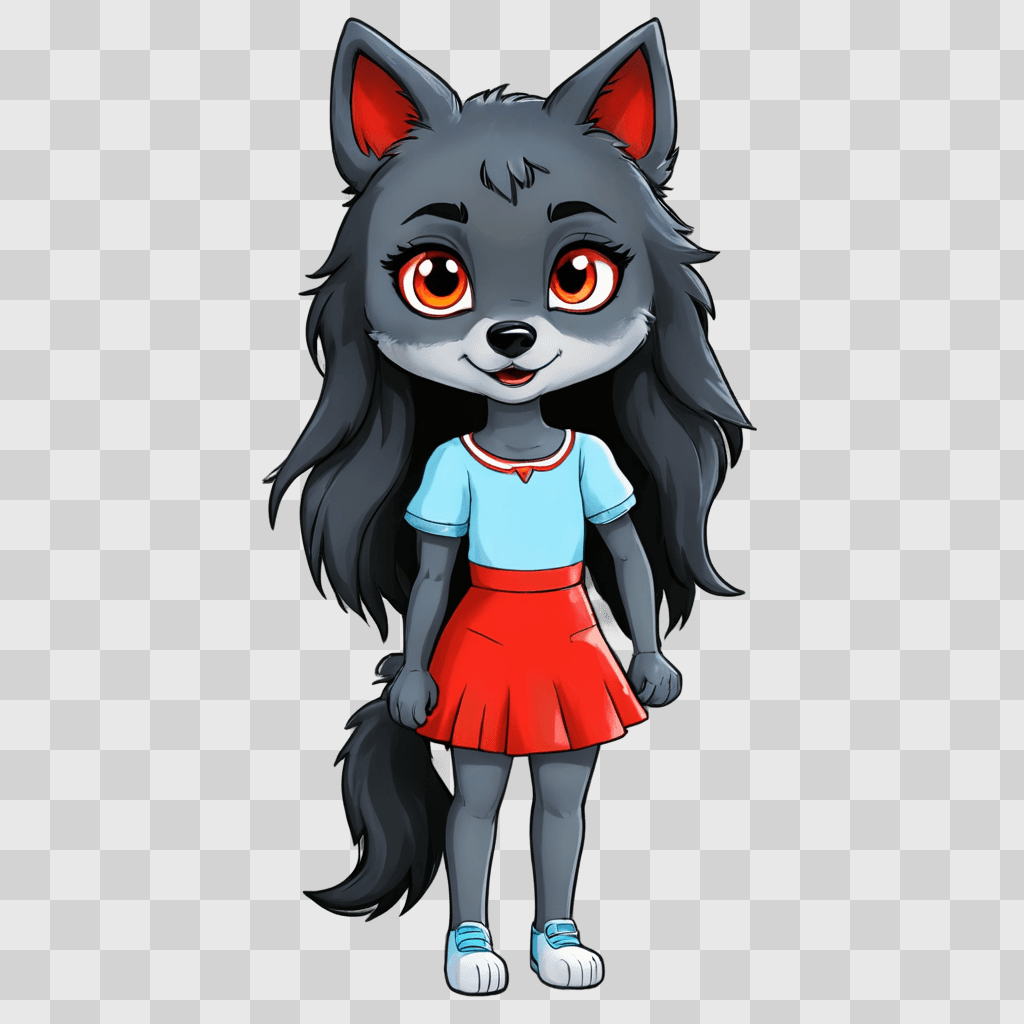 cartoon wolf drawing A cartoon girl with red eyes and a red skirt