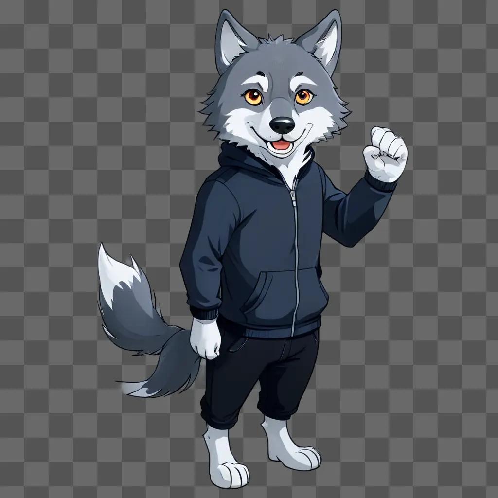 cartoon wolf drawing A wolf wearing a blue jacket and black pants