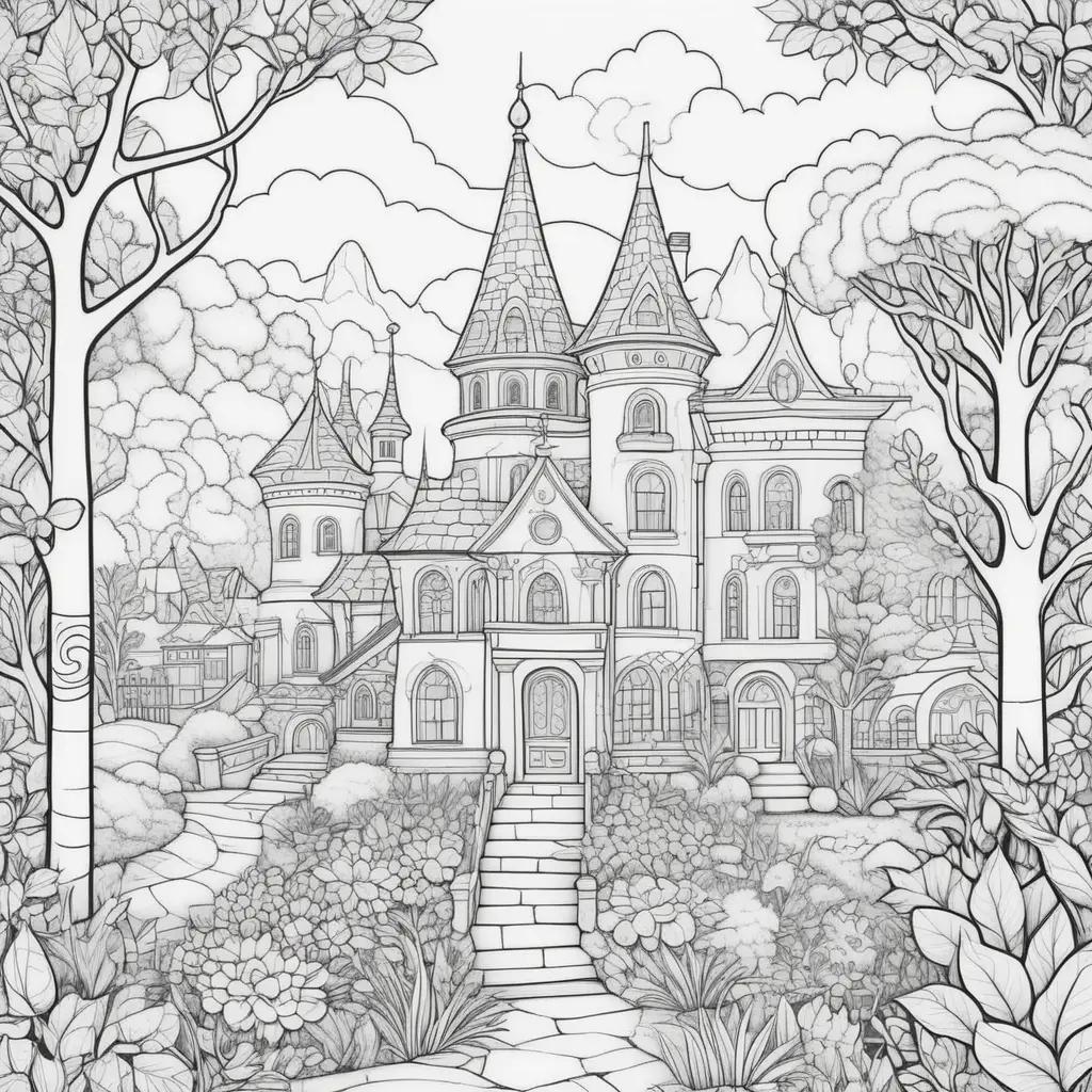 castle and a garden in a pre-kindergarten coloring page