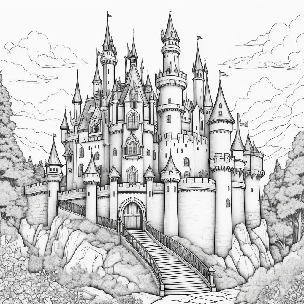 castle coloring page with a castle, stairs, and a flag