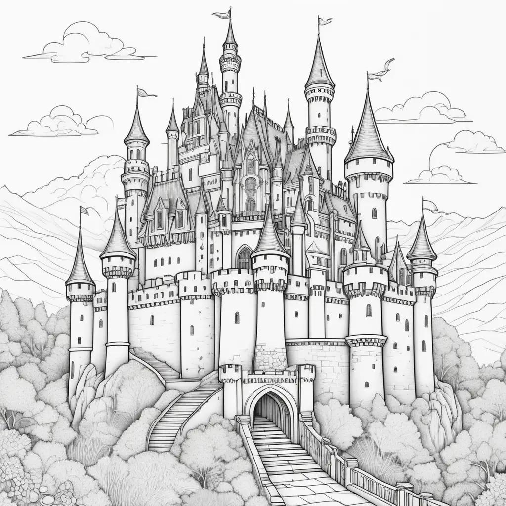 castle coloring page with a white color scheme