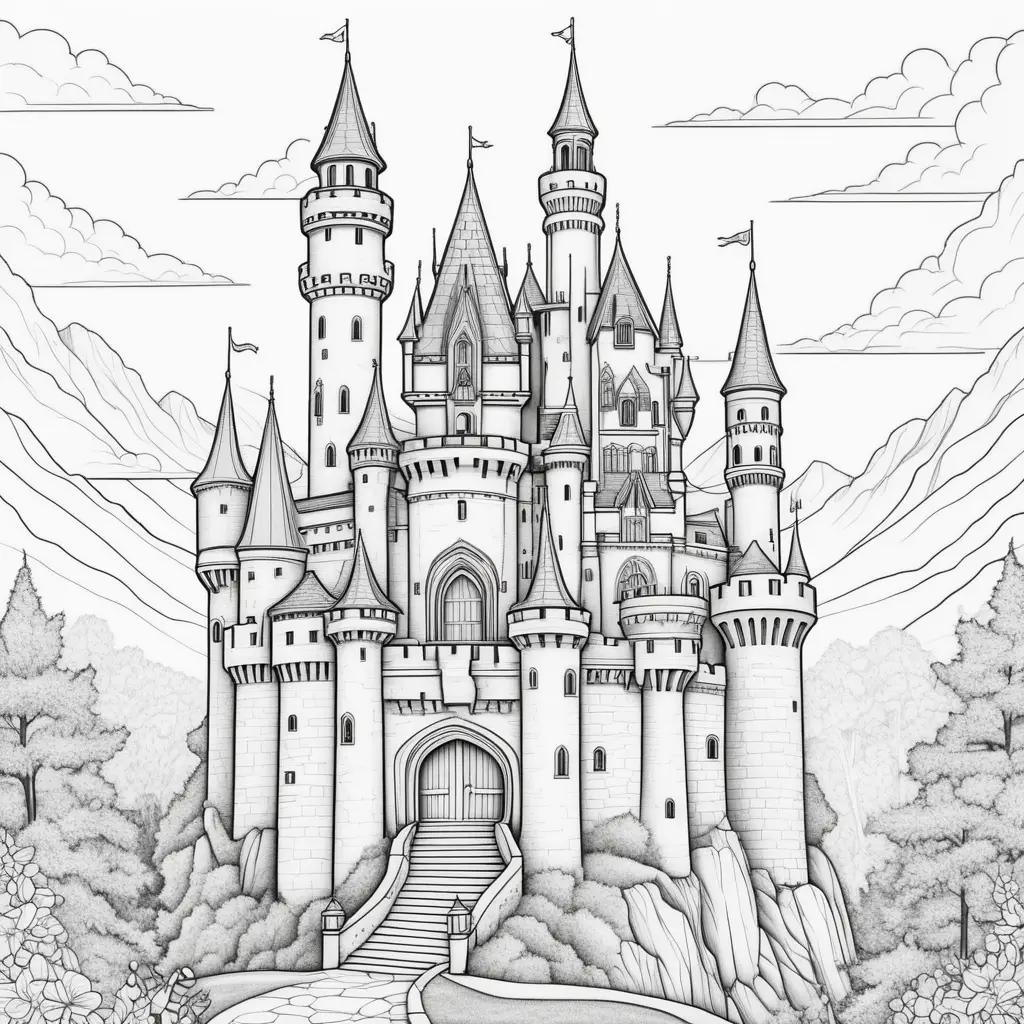 castle coloring page with mountains and trees