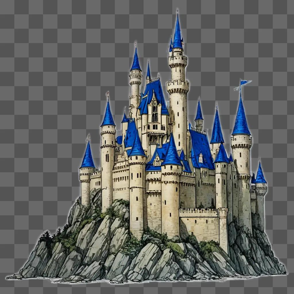 castle drawing A large castle with blue roofs on a rocky island