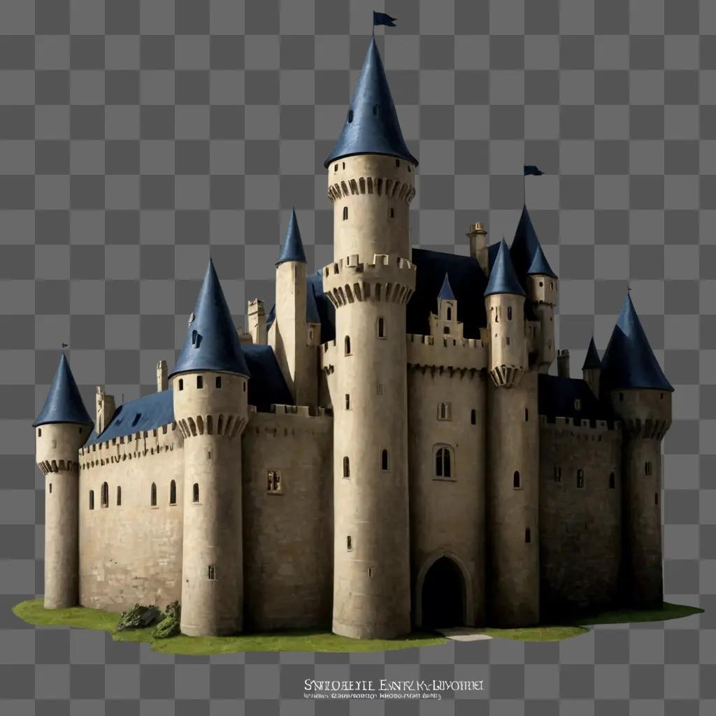 castle drawing for kids A large castle with a blue roof and stone walls