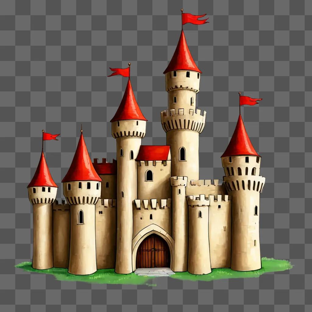 castle drawing for kids A large castle with four towers and red flags