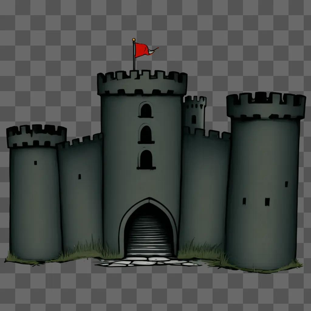 castle drawing for kids featuring a red flag on top