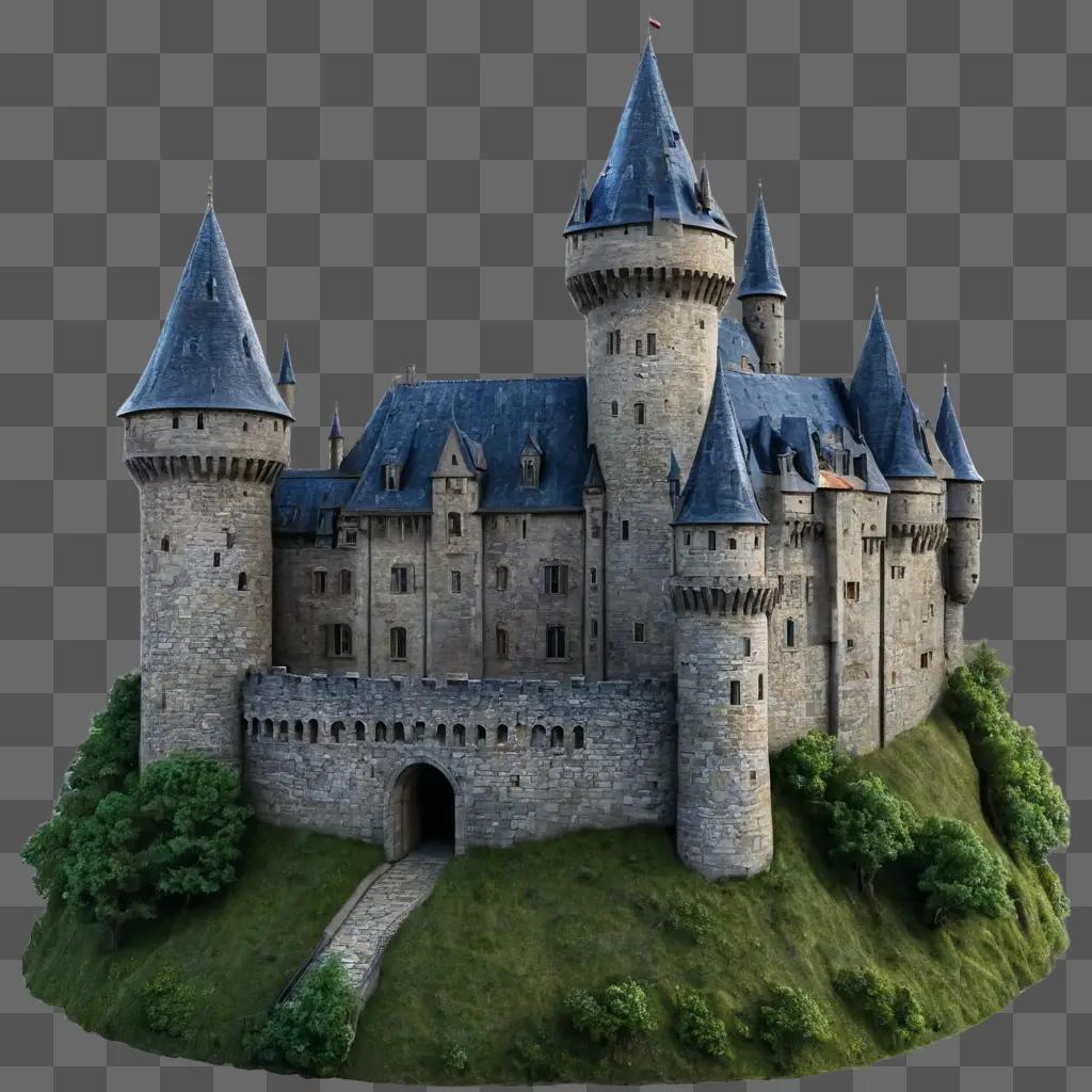 castle drawing realistic A 3D model of a castle on a grassy hill