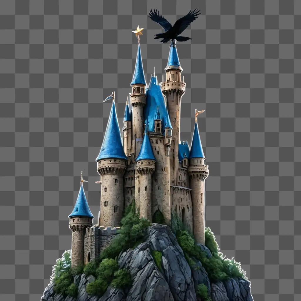 castle drawing realistic A castle atop a hill with a bird above it