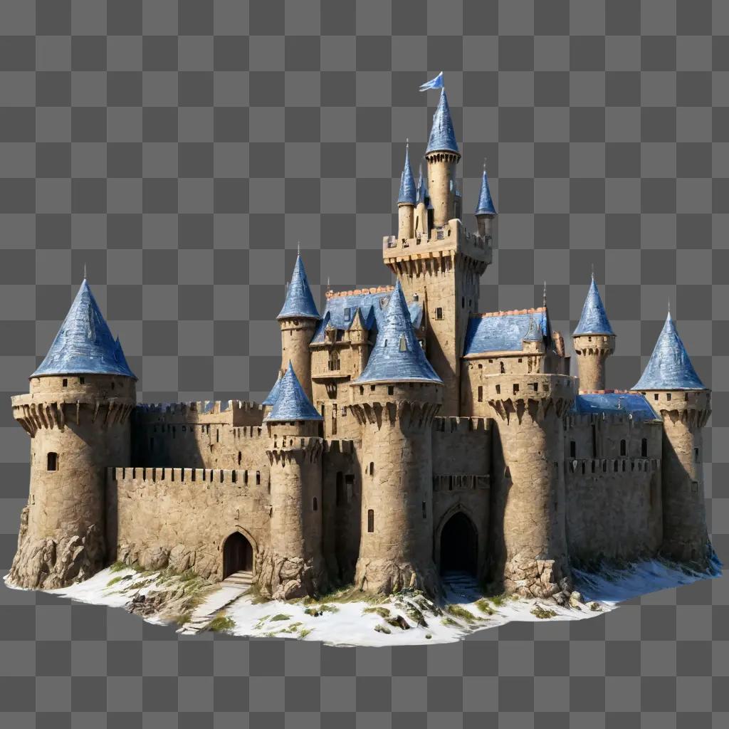 castle drawing realistic A castle with a blue roof is shown on a snowy ground