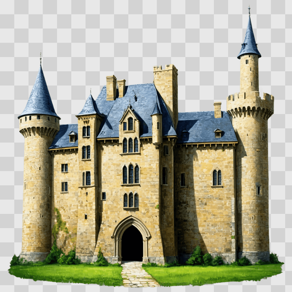 castle drawing realistic A castle with a tall turret and a green grassy lawn