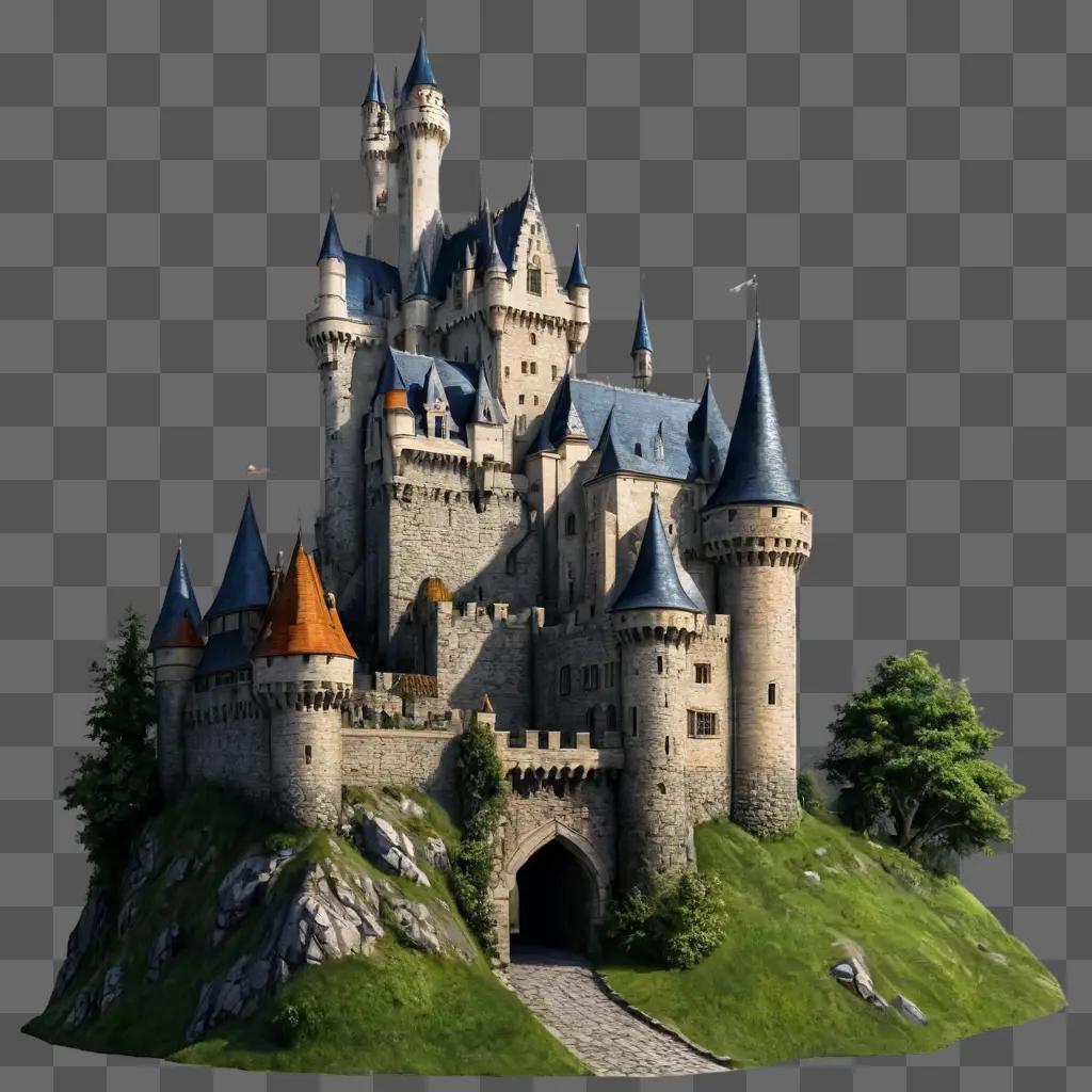 castle drawing realistic A fantasy castle on a grassy hill with trees