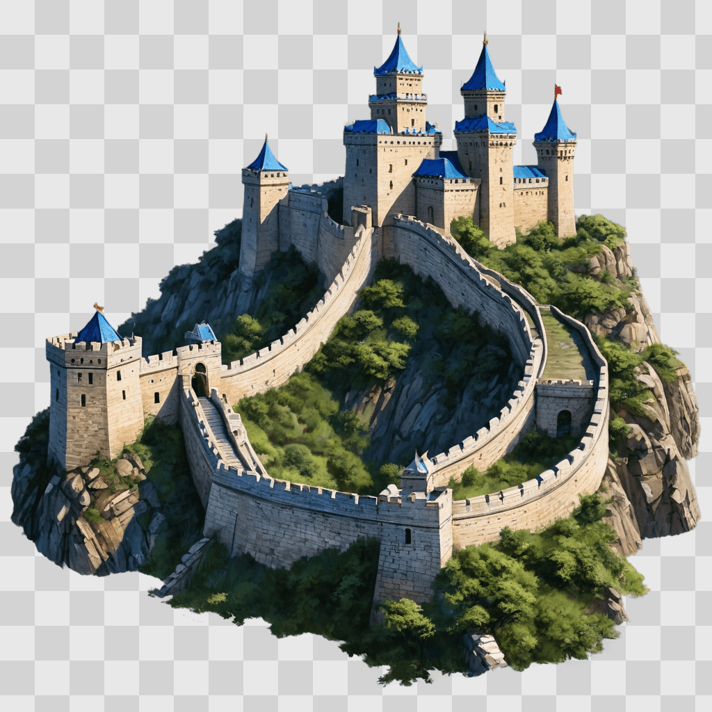 castle drawing realistic A fantasy castle on a rocky island with blue roofs