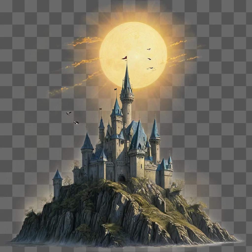 castle drawing realistic A fantasy castle on an island under a bright sun