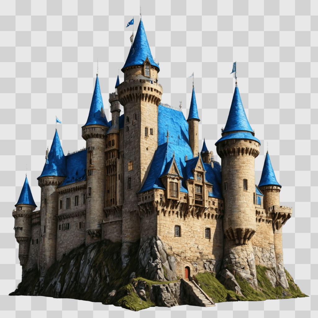 castle drawing realistic A large castle with blue roofs and turrets