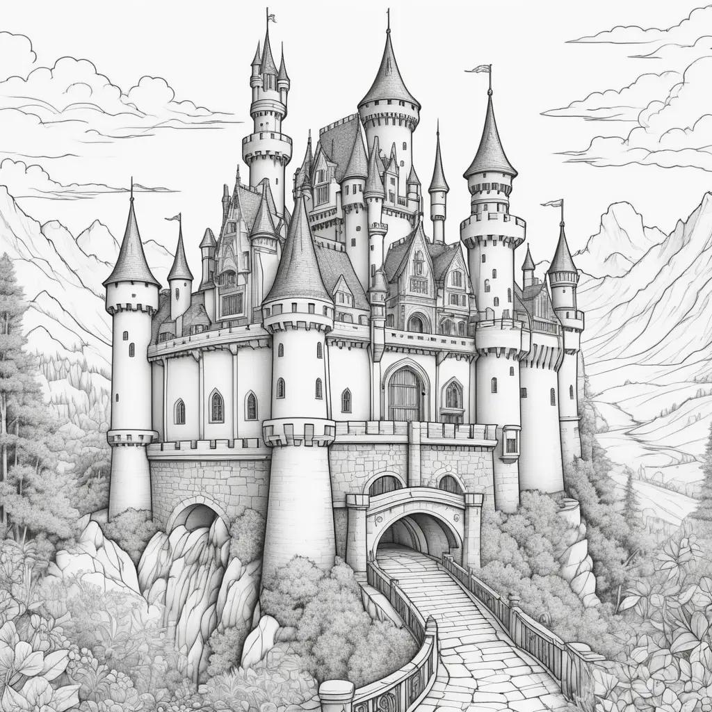 castle drawing with a bridge in a forest