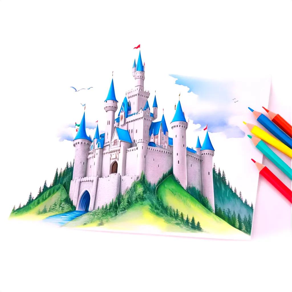 castle drawing with a vibrant sky and forest in the background