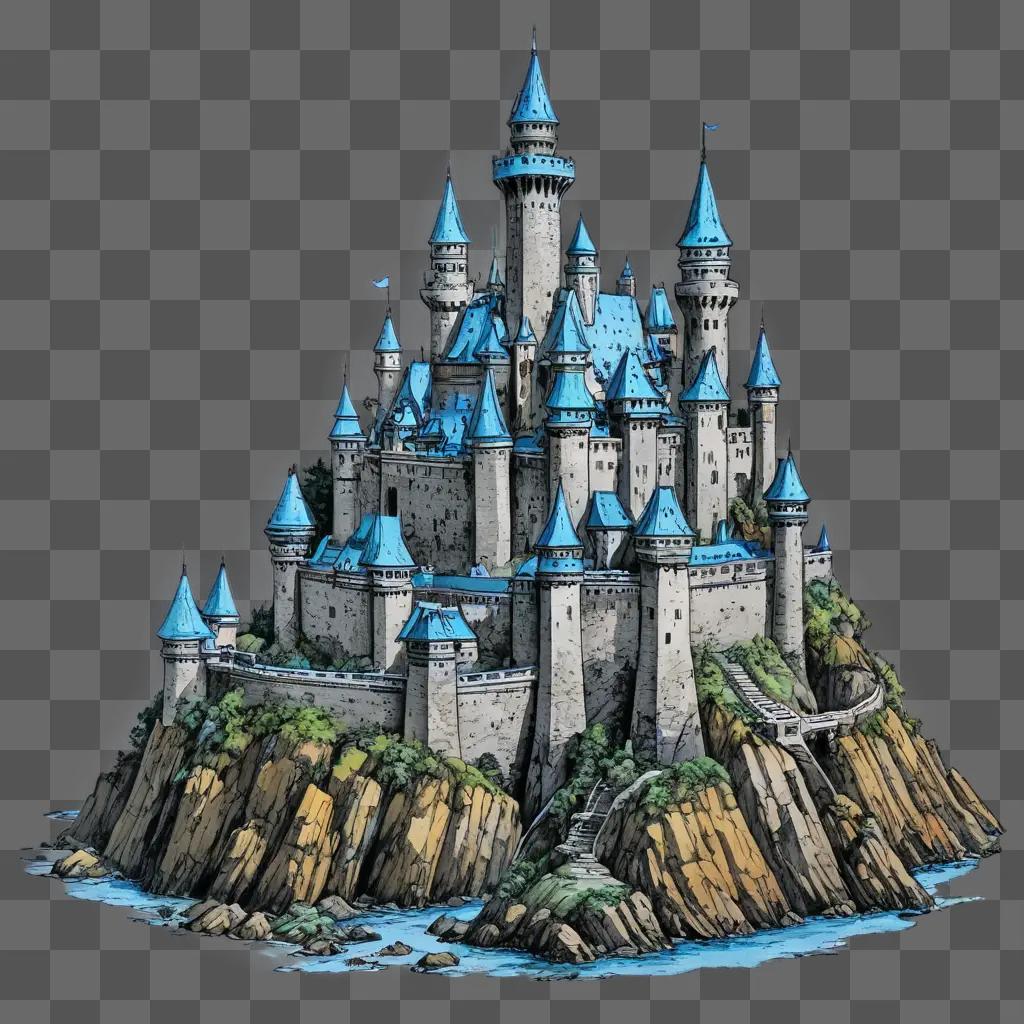 castle drawing with colour A fantasy castle with a blue roof on an island