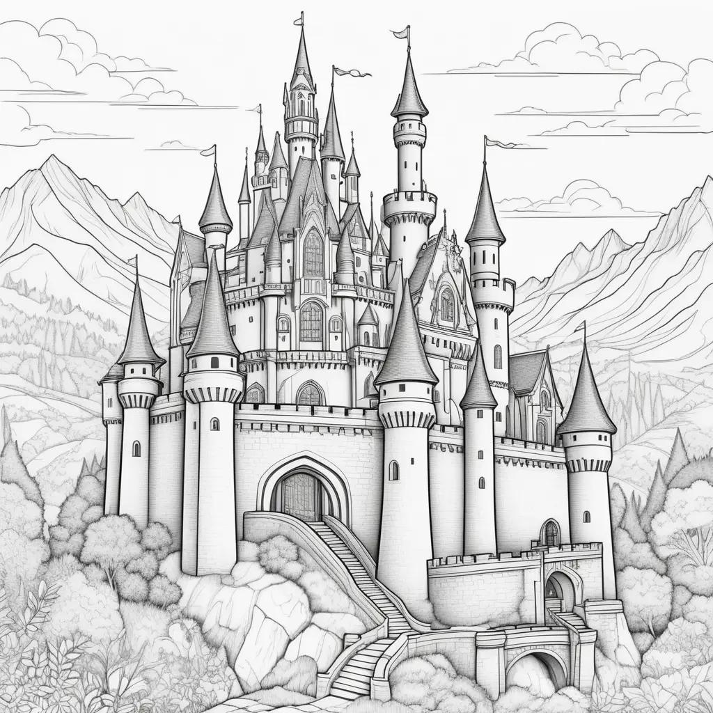 castle drawing with mountains and clouds in the background