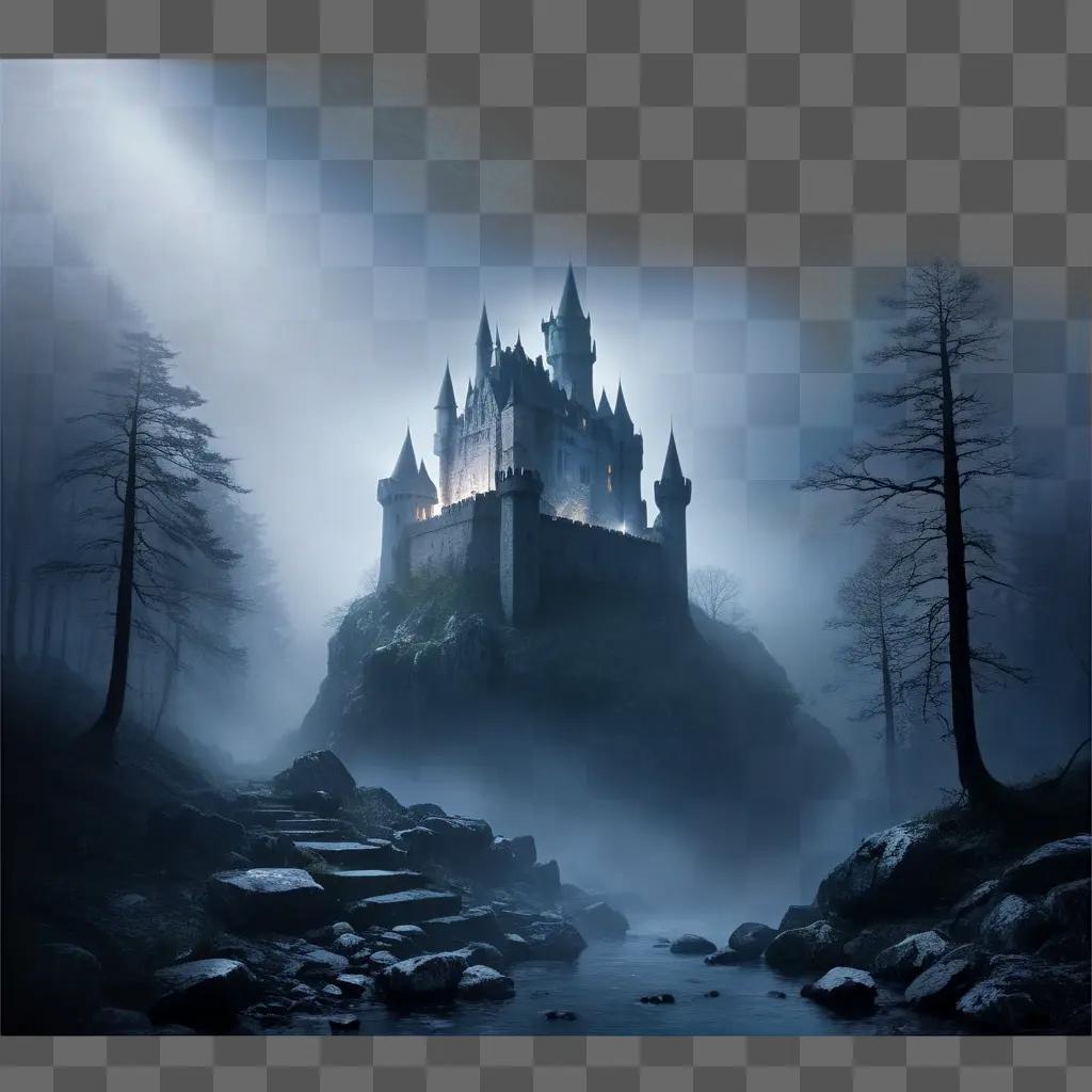 暗い霧の森の中の丘の上の城