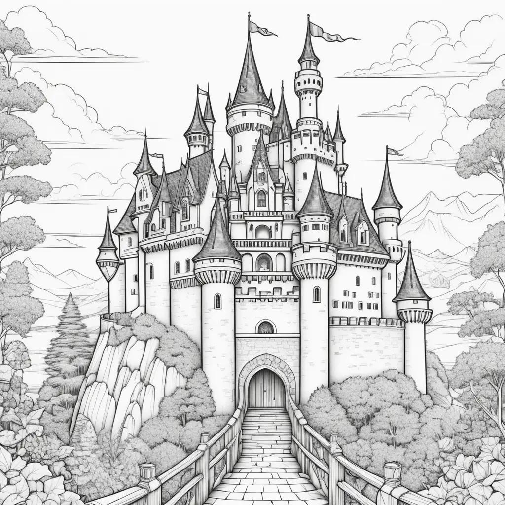 castle with a drawbridge and towers is drawn in black and white