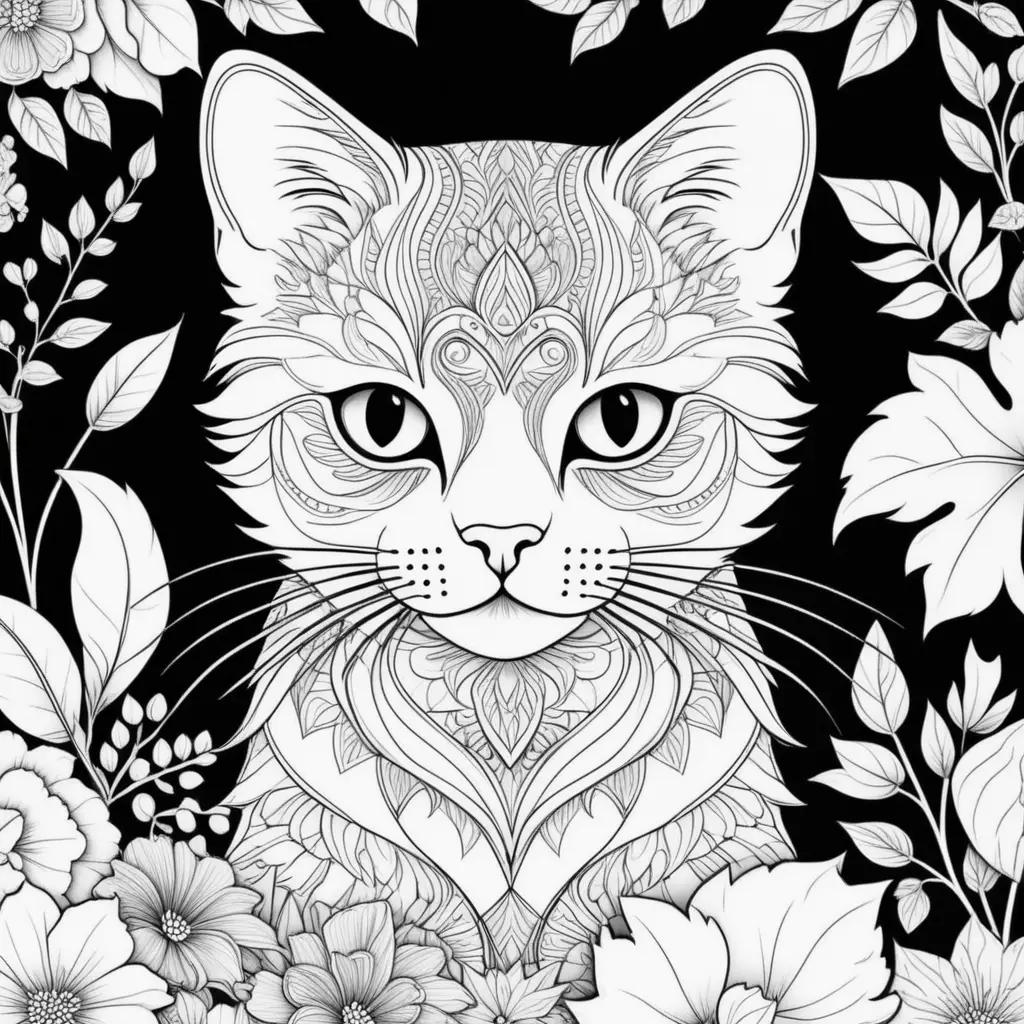 cat coloring page with a black and white color scheme