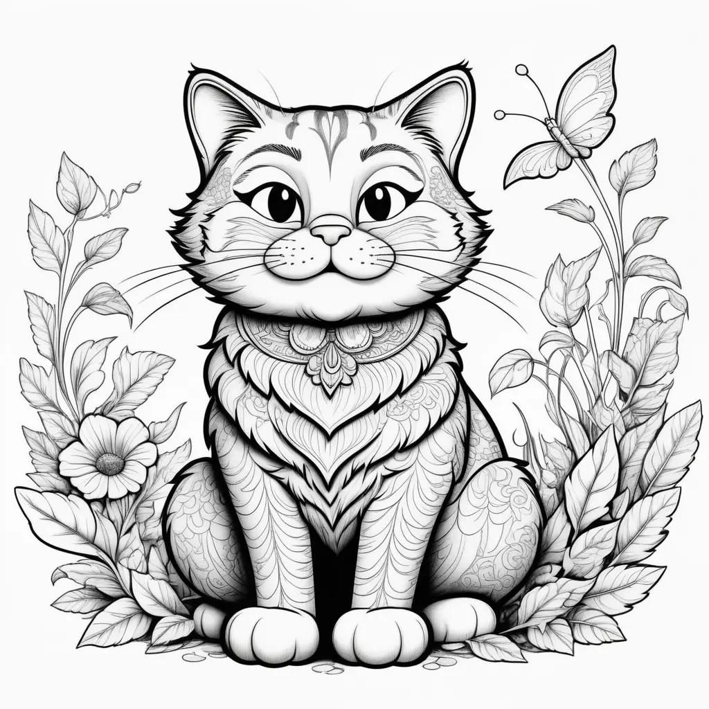 cat coloring page with a butterfly and flowers