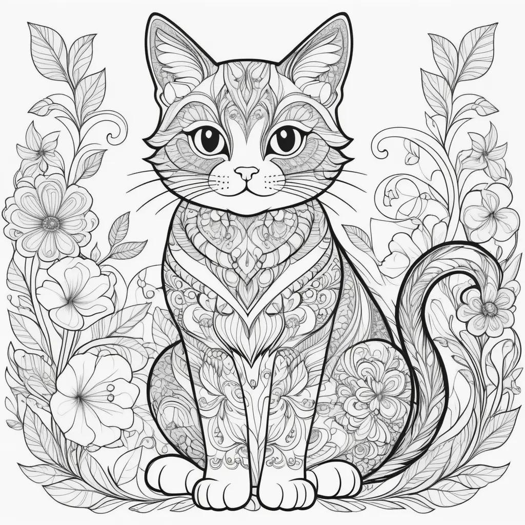 cat coloring page with a floral border