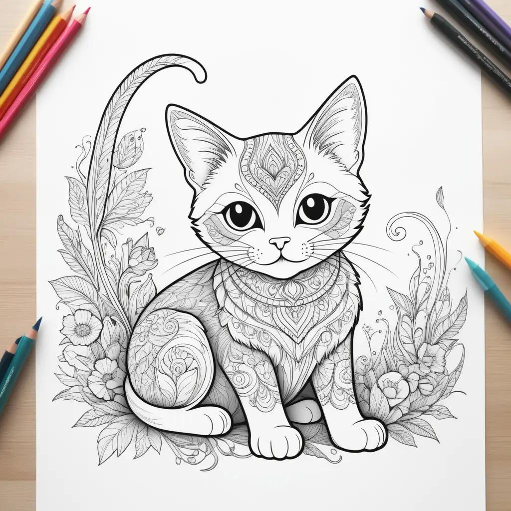 cat coloring page with a flower background and a lot of colors