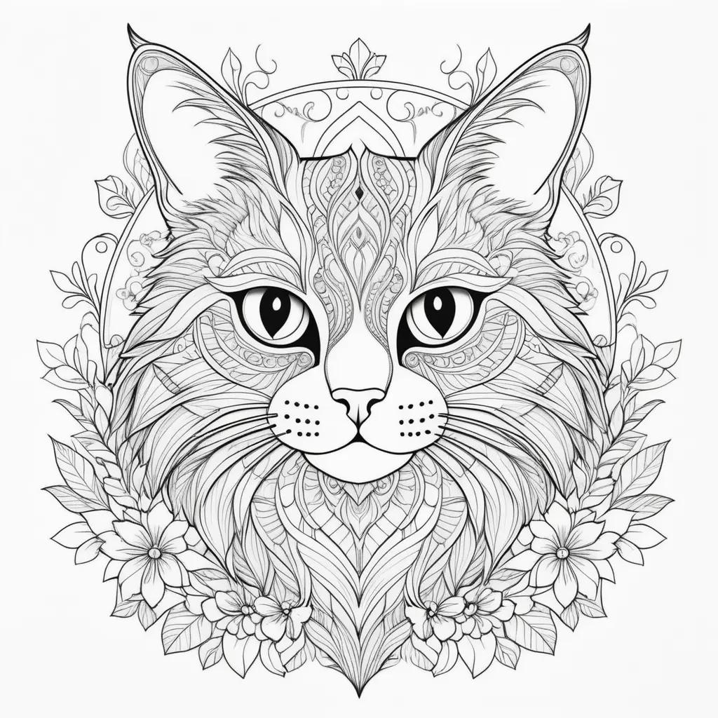 cat coloring page with flowers and leaves