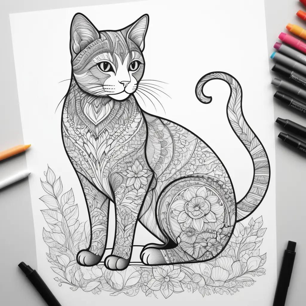 cat coloring page with intricate patterns and flowers