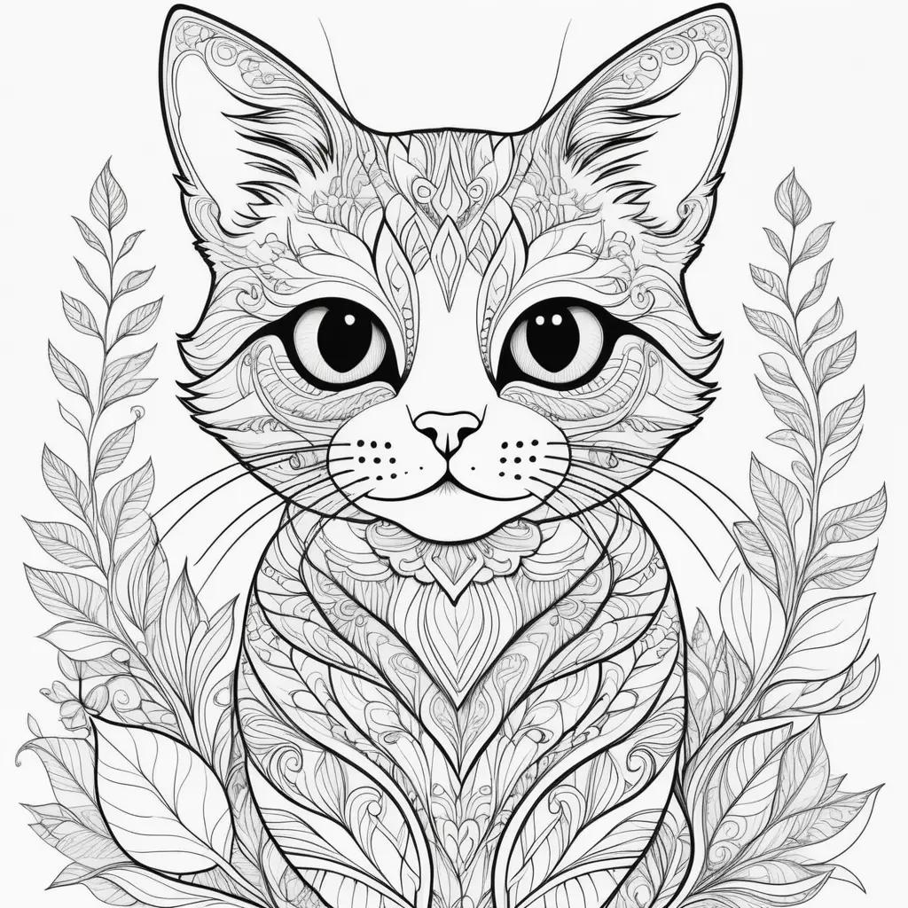 cat coloring page with leaves and decorative lines