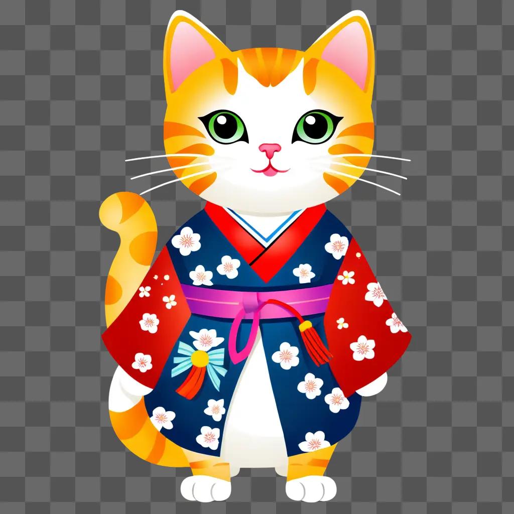 cat in a kimono sits in front of a beige background