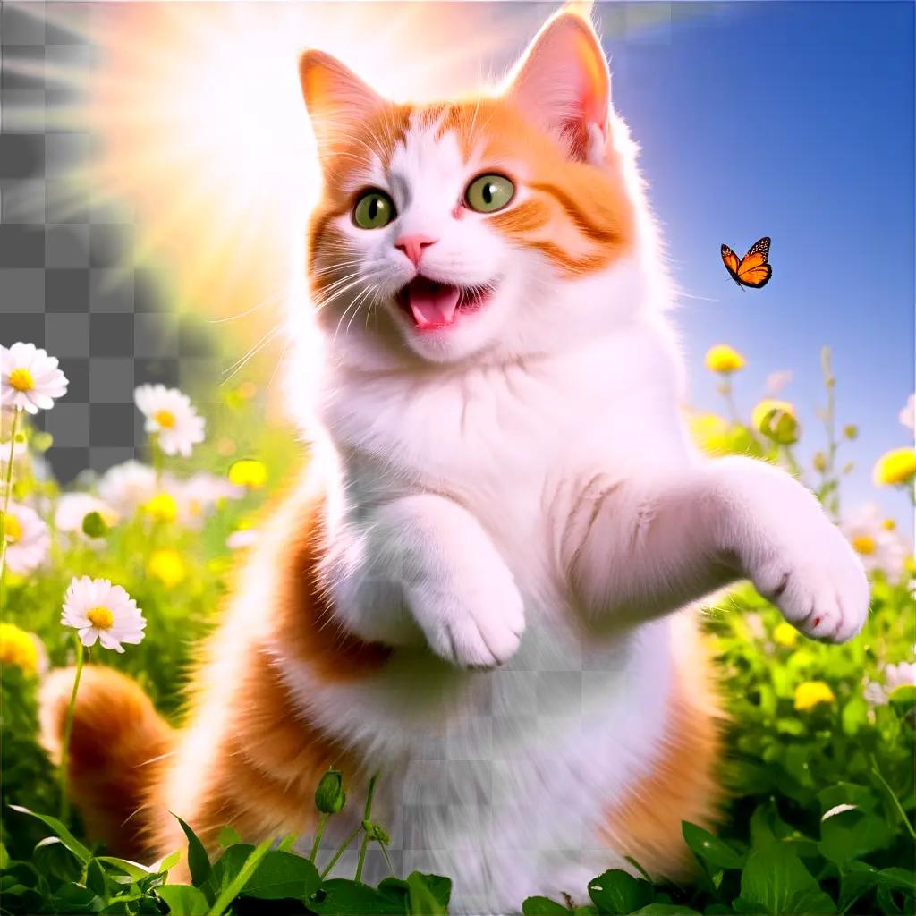 cat plays in a field with a butterfly