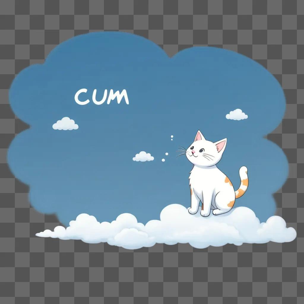 cat sitting on clouds with the word cum on it