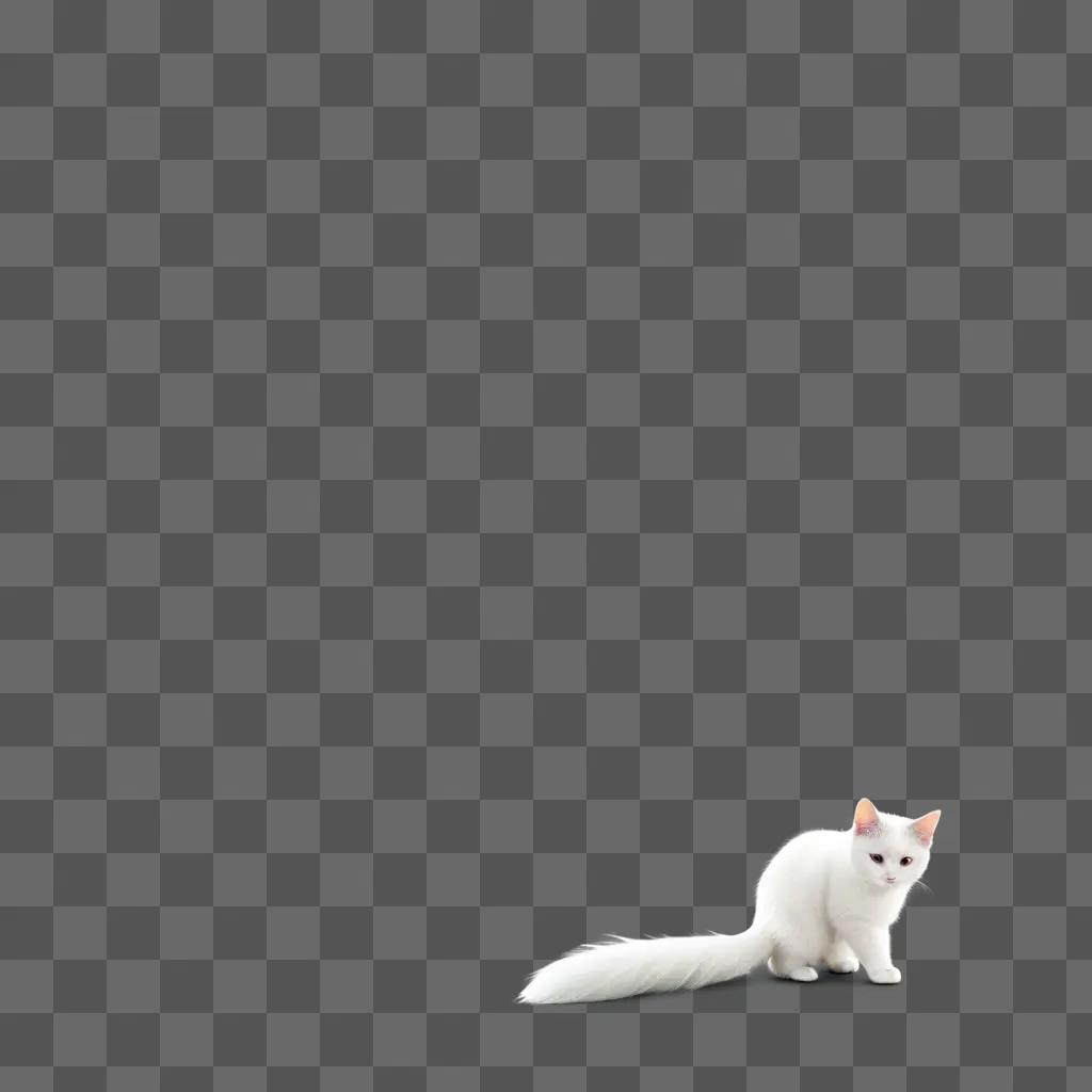 cat with a long tail sits on a grey surface