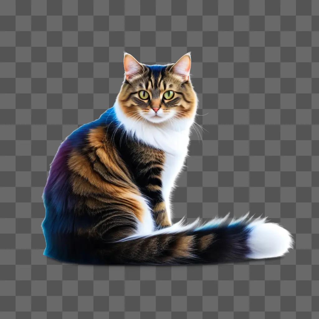 cat with a multicolored tail is sitting on a grey background