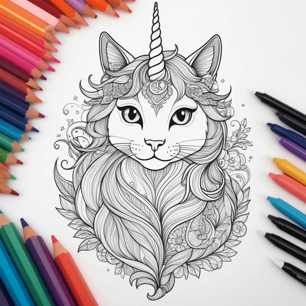 cat with a unicorn horn is colored on a page