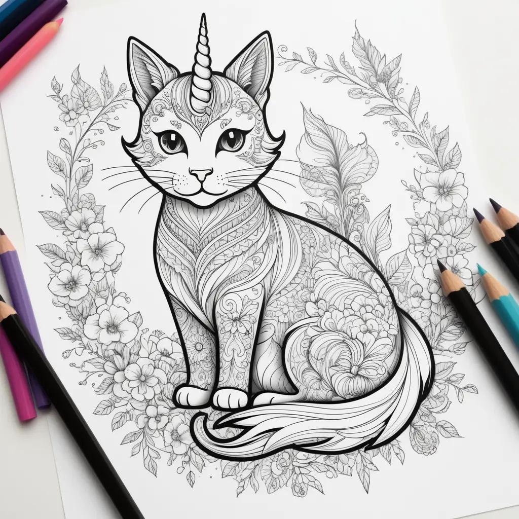 cat with a unicorn horn sits on a wreath of flowers in an adult coloring book