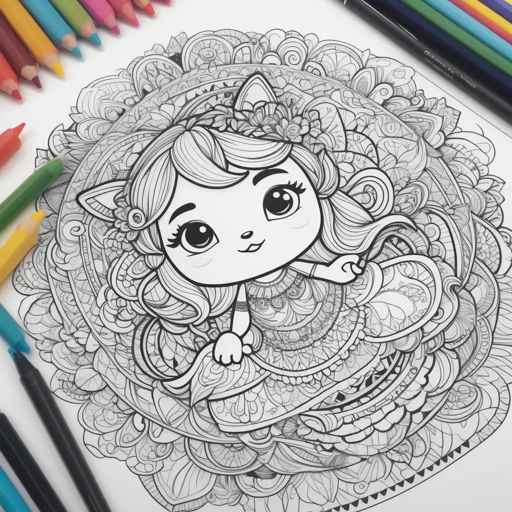 cat with an intricate design is the main subject of this coloring page