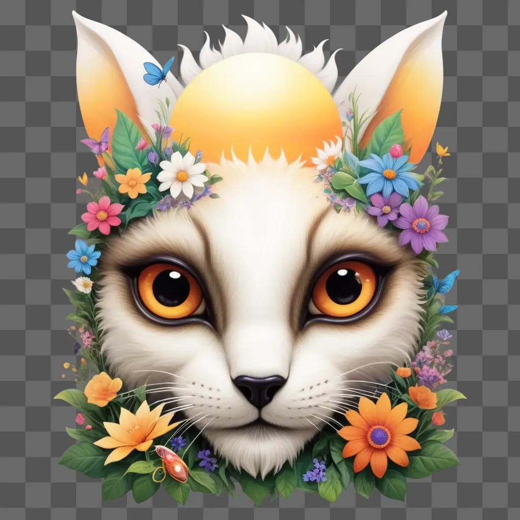 cat with flowers around its face