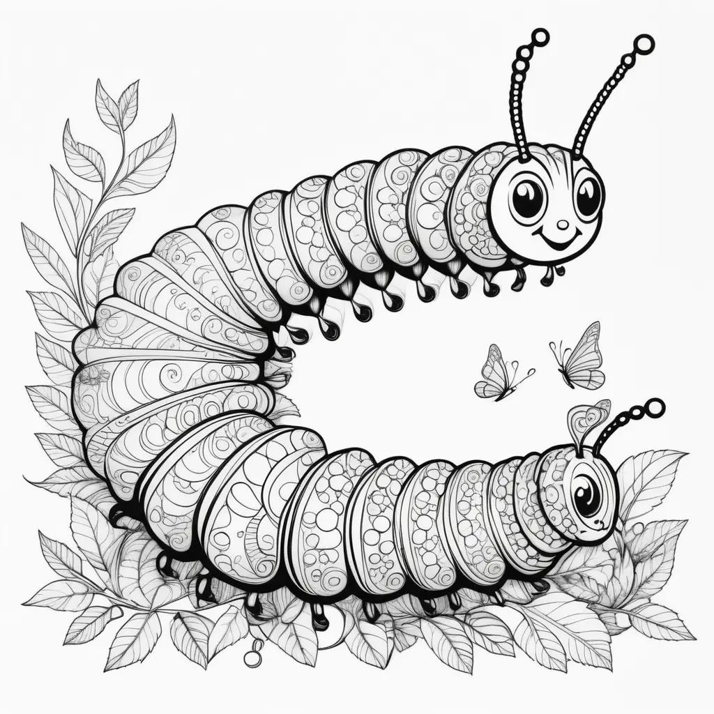 caterpillar coloring page features a smiling caterpillar and a butterfly