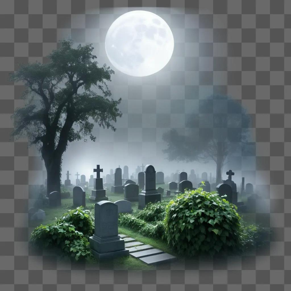 墓地は満月の下で暗闇に描かれています