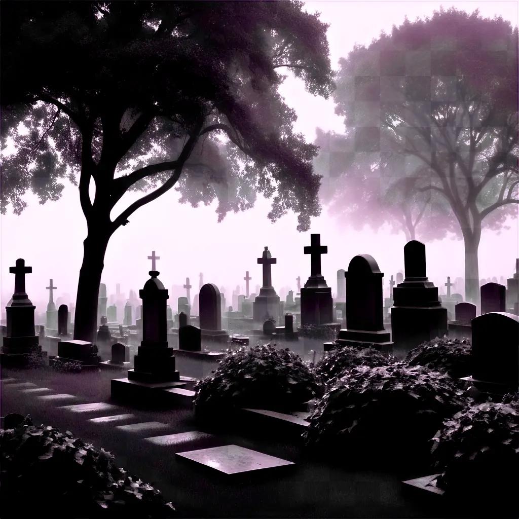 霧と十字架のある墓地