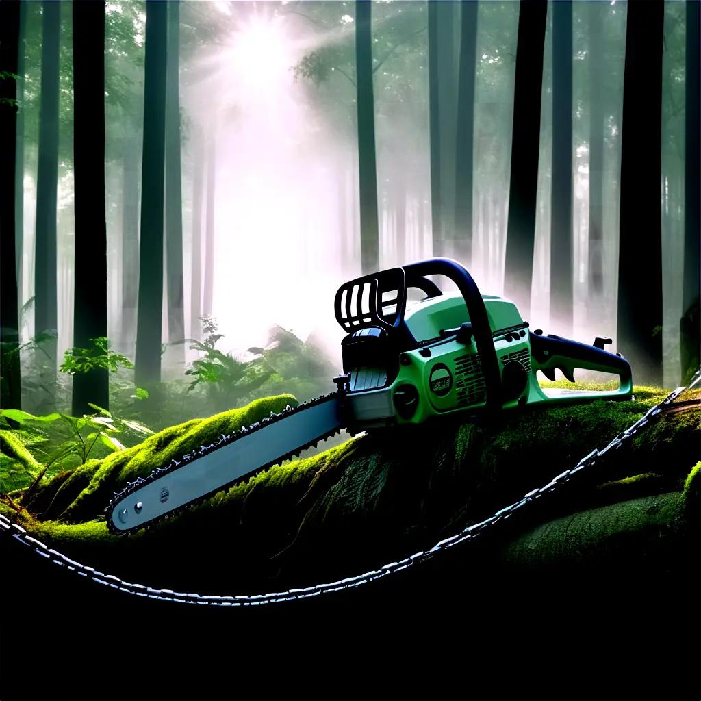 chain saw sits on a moss covered rock in a forest