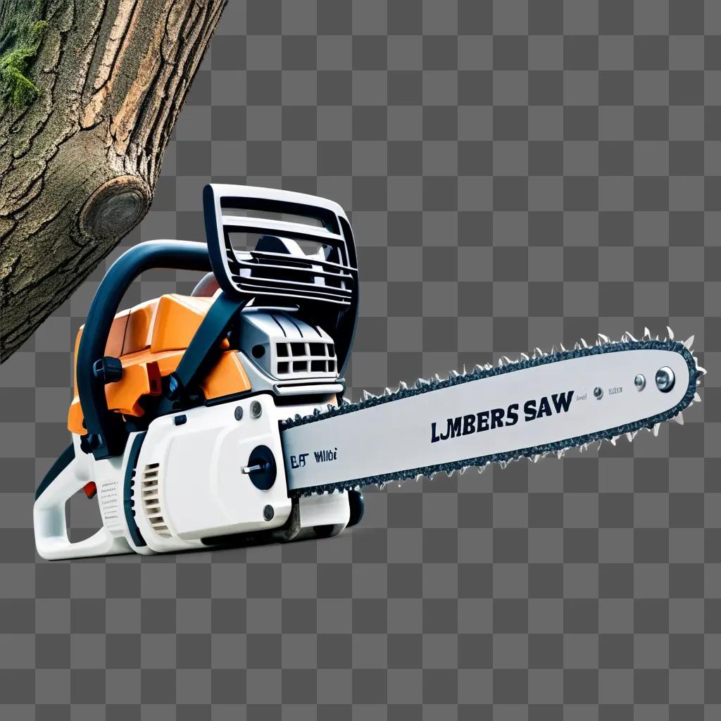 chainsaw with a large chain is shown against a gray background