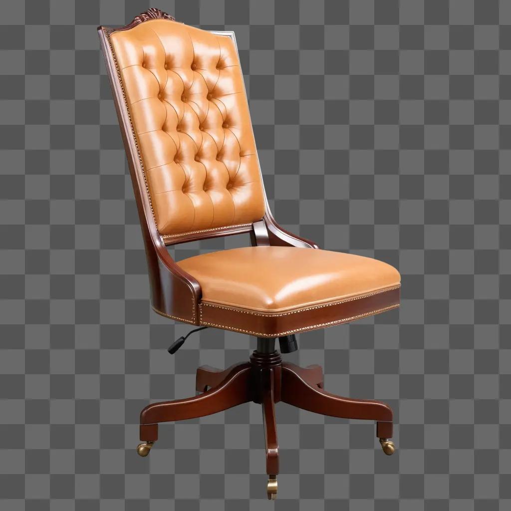 chair with a wooden base and a brown leather seat