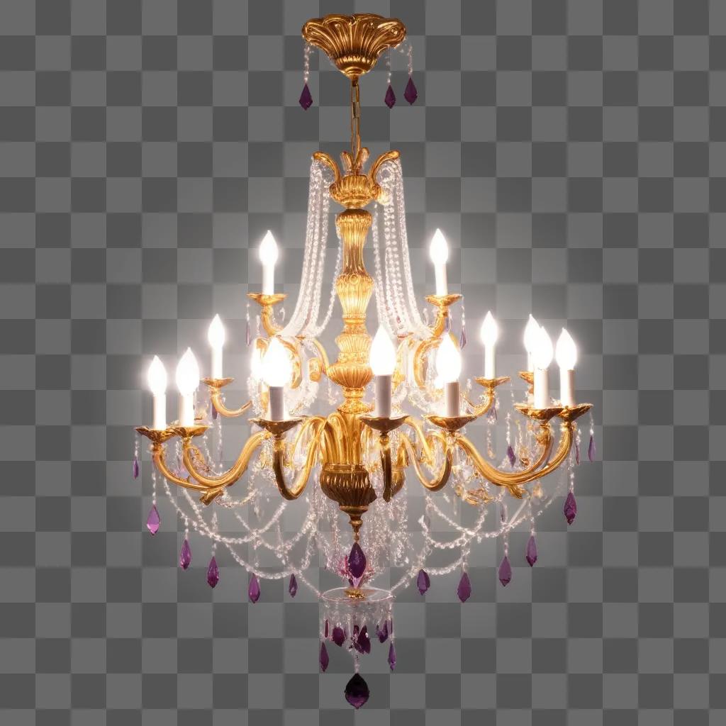 chandelier hangs from a ceiling, adorned with purple crystals